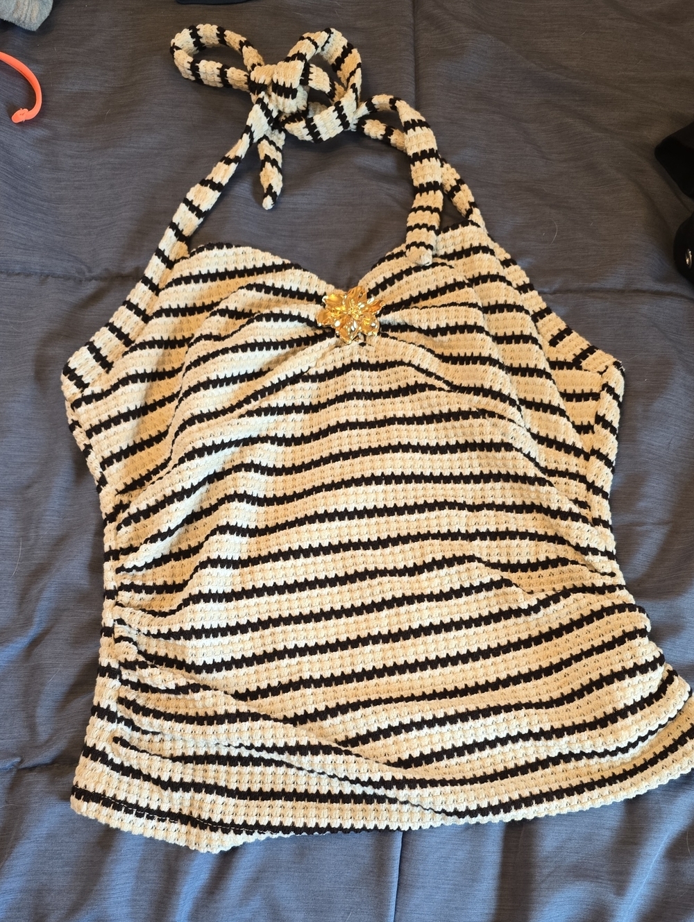 SHEIN Black & Cream Striped Crochet Halter Camisole with Gold Accent